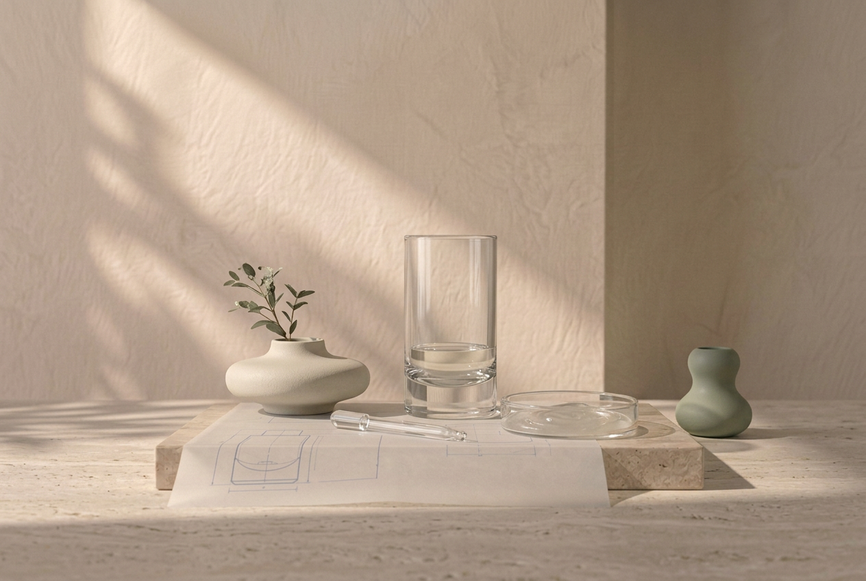 An ingredient study with sculptural ceramic vessels, clear serum, a glass pipette and a botanical sprig on a vellum drawing in soft window light